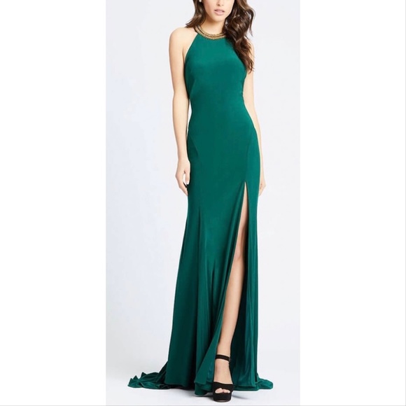 Mac Duggal 25572 Beaded High Halter Neck Open Back Slit Gown